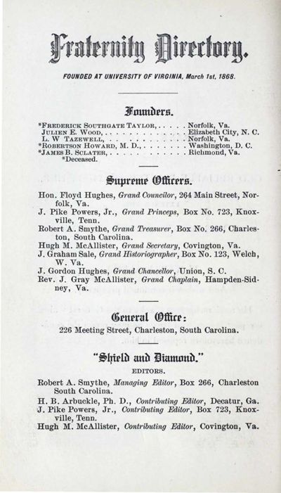 Pi Kappa Alpha Fraternity Directory, December 1906